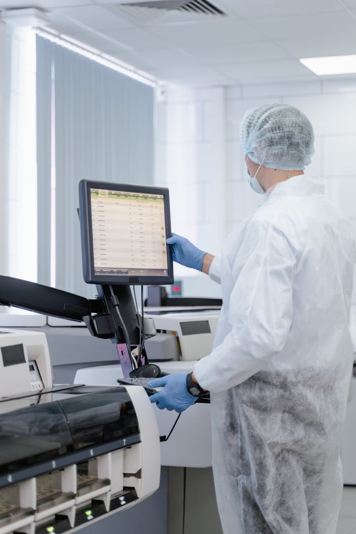 Scientist working in a lab adjusting equipment for research purposes, ensuring safety protocols.